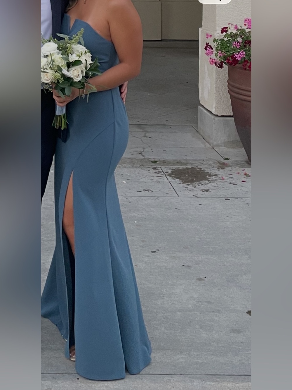 Azazie Dusty Blue Strapless High-Slit Evening Gown